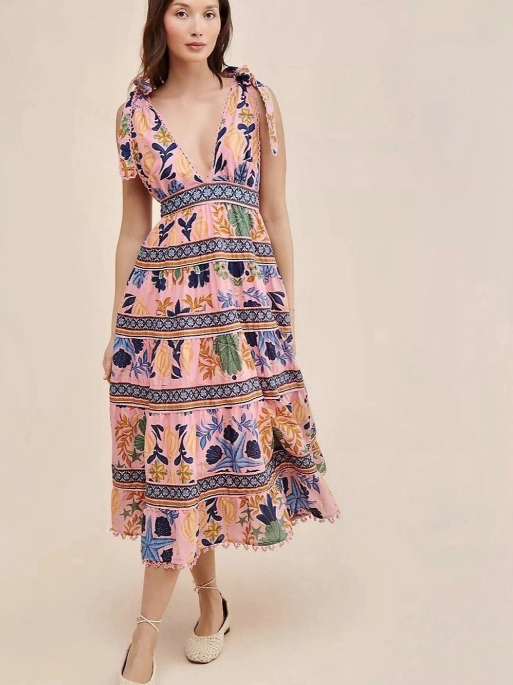 Farm Rio Seashell Tapestry Pink Midi-Dress Floral Maxi Dress Pink & Blue